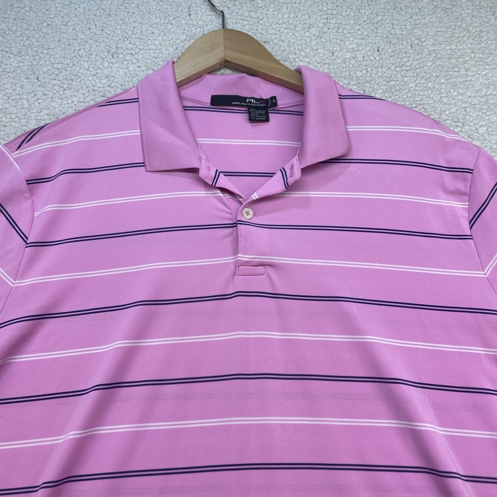 RLX Ralph Lauren Polo Shirt‎ Mens XL Pink Striped Performance Short Sleeve Golf